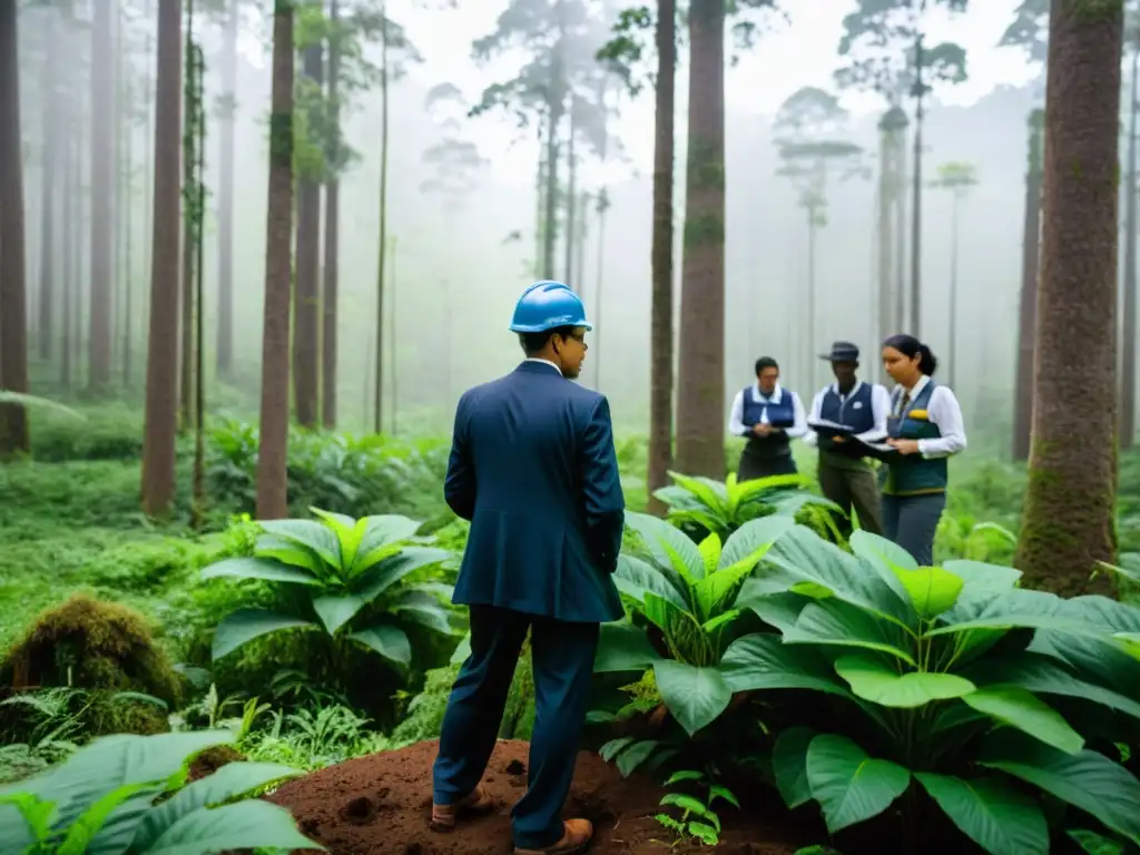 Un grupo de auditores ambientales en el bosque, tomando muestras y documentando observaciones