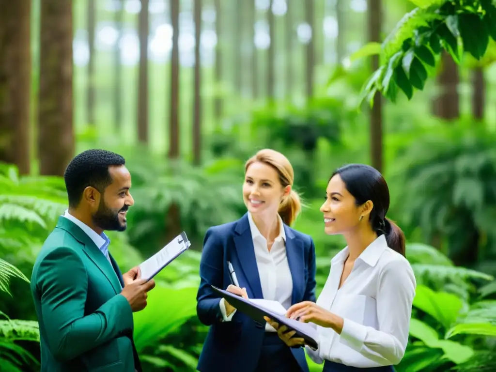 Un grupo de auditores ambientales discute un informe de sostenibilidad en un exuberante bosque biodiverso