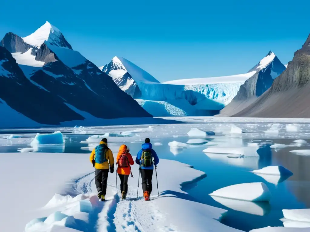 Un grupo de aventureros en Groenlandia ártica, en medio de un paisaje helado y majestuoso, creando una sensación de aventura sostenible