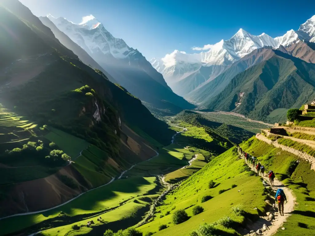 Un grupo de aventureros recorre un estrecho sendero rocoso en el Himalaya, con picos nevados y un valle verde