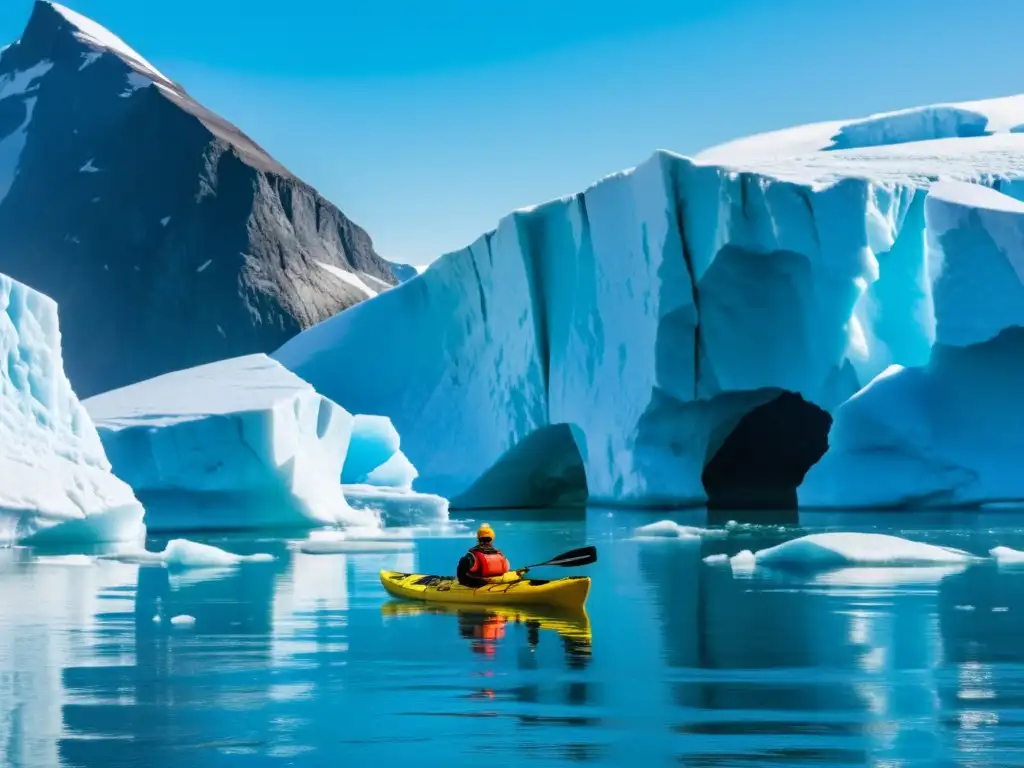 Un grupo de aventureros remando entre icebergs en Groenlandia ártica, con un paisaje impresionante de fondo