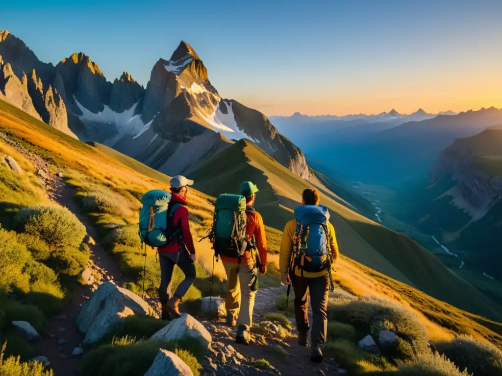 Grupo de aventureros explorando paisaje montañoso al atardecer