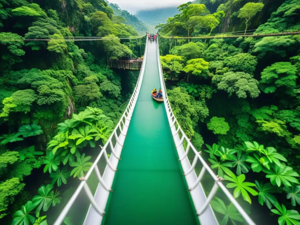 Grupo de aventureros cruzando puente colgante sobre río en jungla exuberante