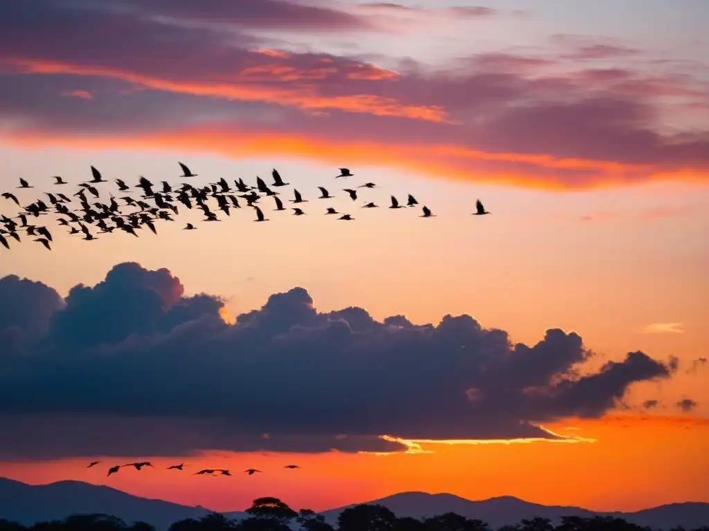 Un grupo de aves migratorias surca el cielo al atardecer, reflejando el desafío de conservación de especies migratorias