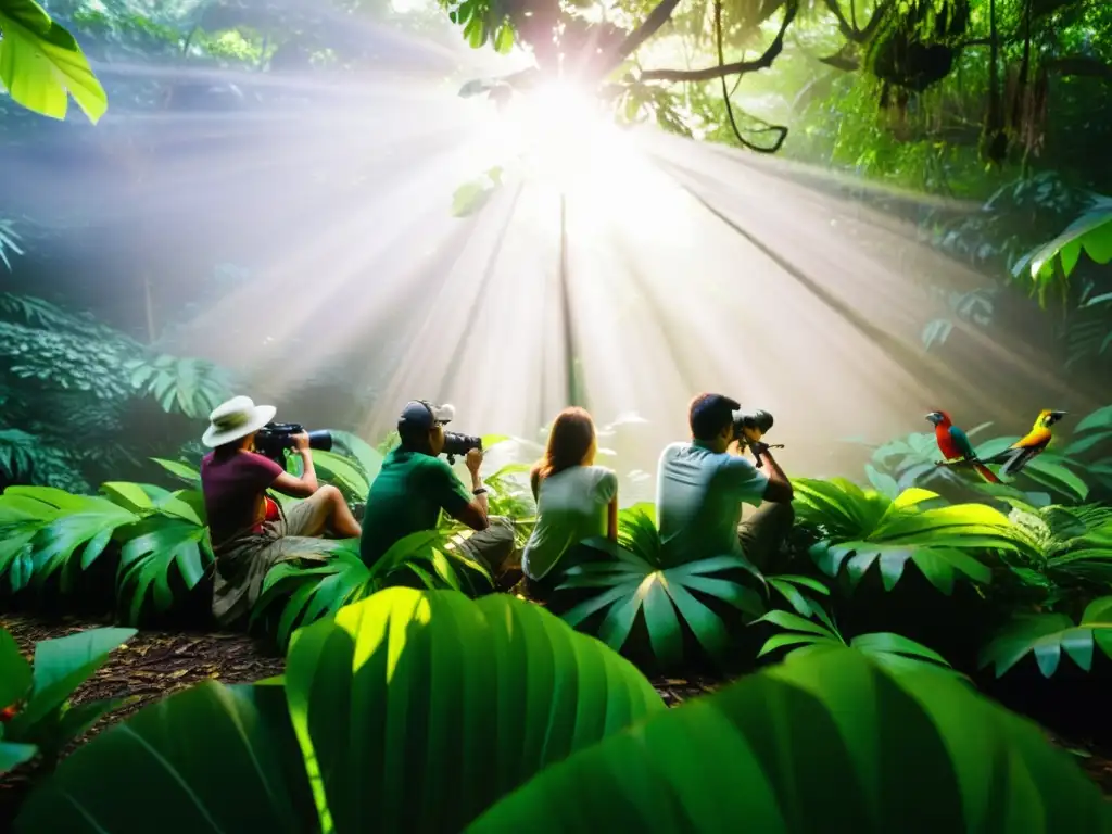 Grupo de ornitólogos estudiando aves tropicales en un exuberante bosque