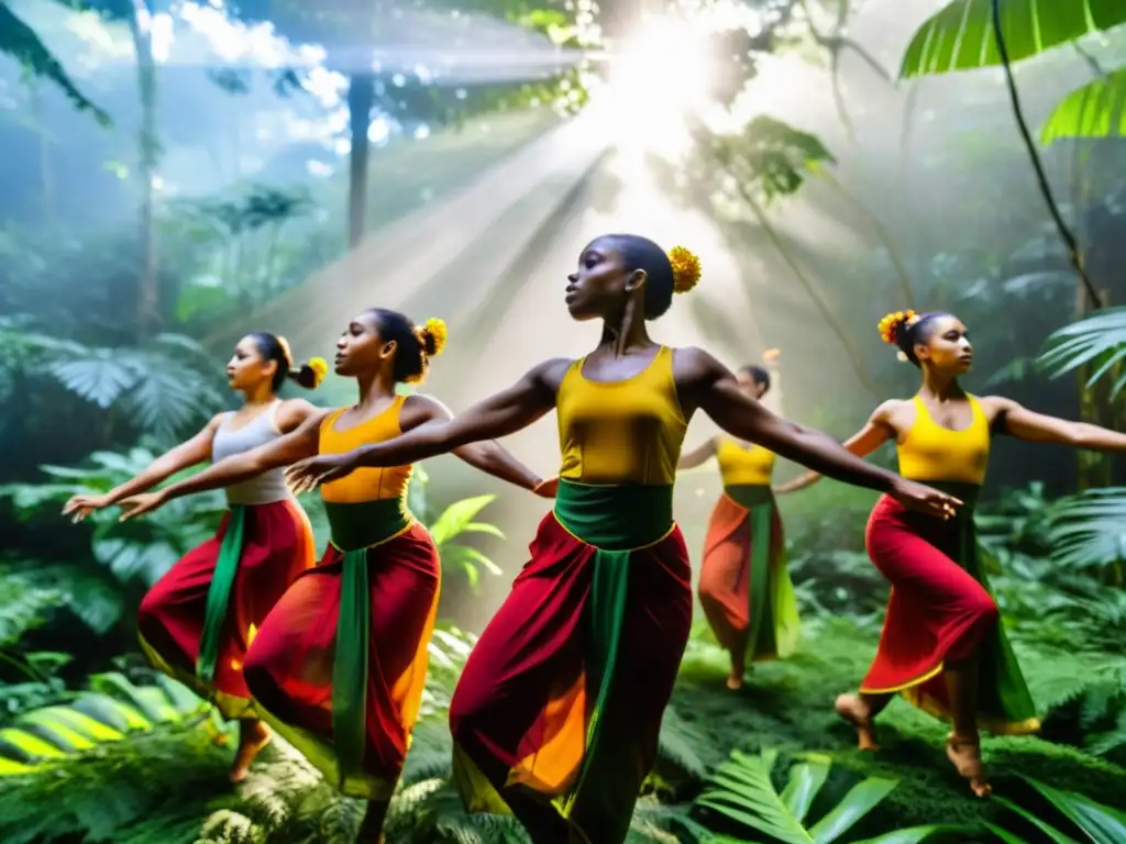 Grupo de bailarines contemporáneos de diversas culturas interpretando ecosistemas en la exuberante selva