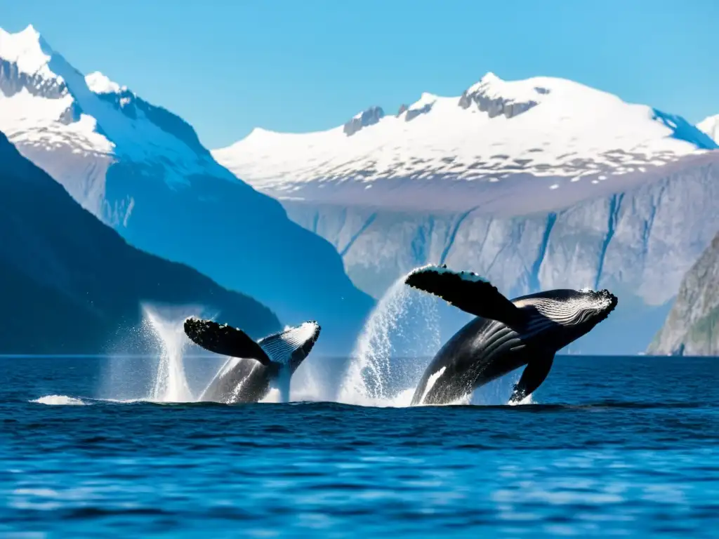 Grupo de ballenas jorobadas saltando en un fiordo remoto rodeado de montañas nevadas