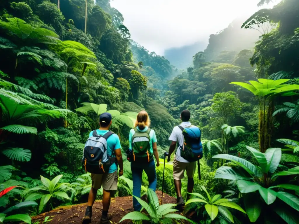 Un grupo de becarios gestión ecosistemas cambio climático explorando exuberante selva, compartiendo descubrimientos y trabajando en equipo