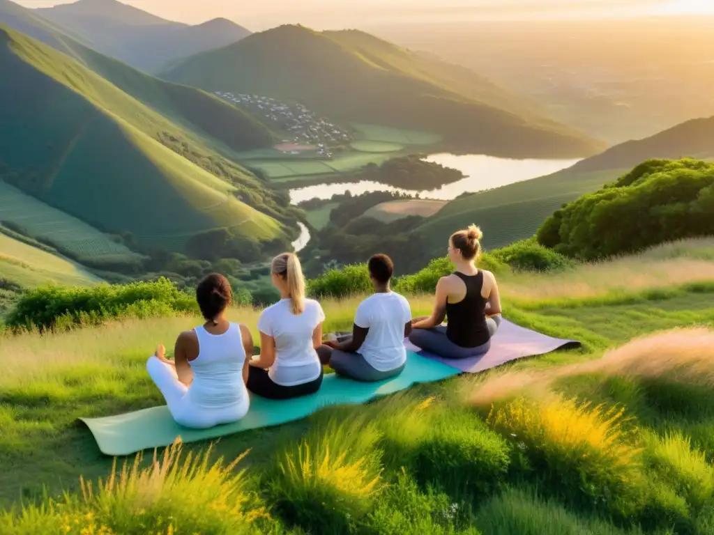 Grupo disfruta los beneficios del yoga al aire libre al atardecer, conectados con la naturaleza en poses fluidas y serenas