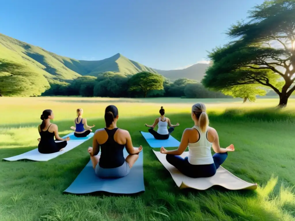 Grupo disfrutando de los beneficios del yoga al aire libre en un prado verde y soleado, transmitiendo paz y armonía con la naturaleza