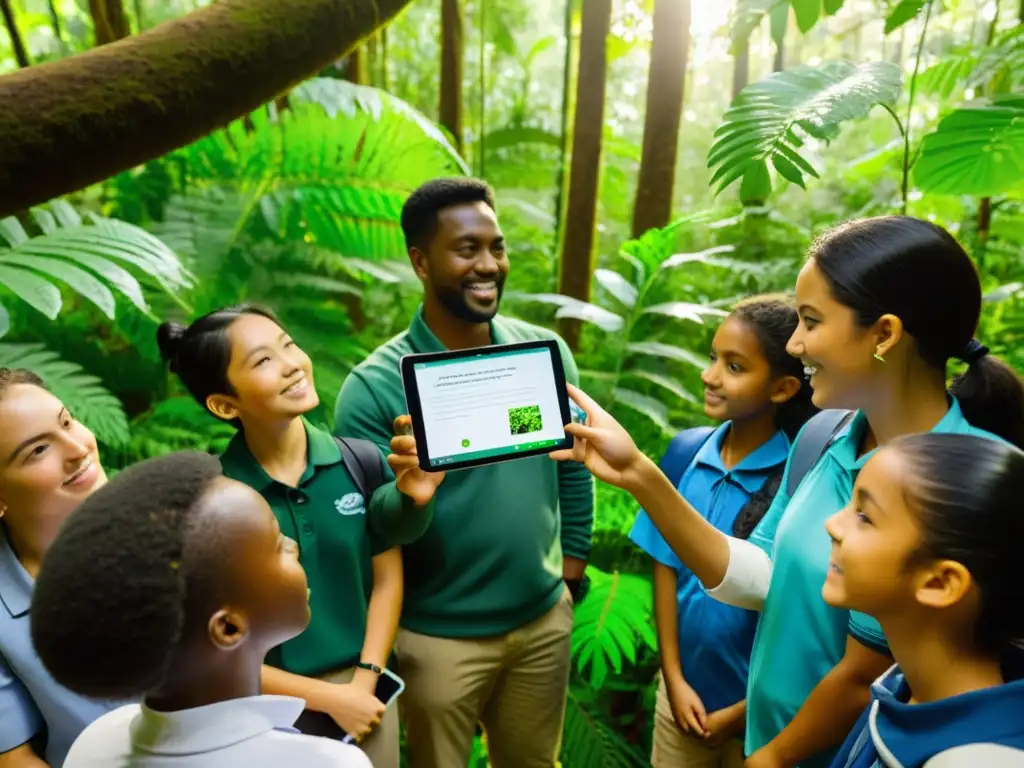 Grupo en bosque biodiverso: lección interactiva sobre conservación ambiental