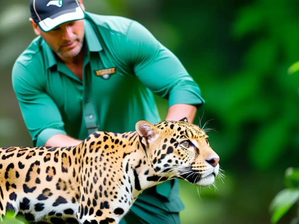 Un grupo de biólogos de la conservación libera con cuidado un jaguar rehabilitado en su hábitat natural en la exuberante selva