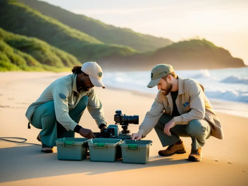 Grupo de biólogos marinos preparando equipo de investigación en la playa al amanecer para exploración ecosistemas costeros vida salvaje