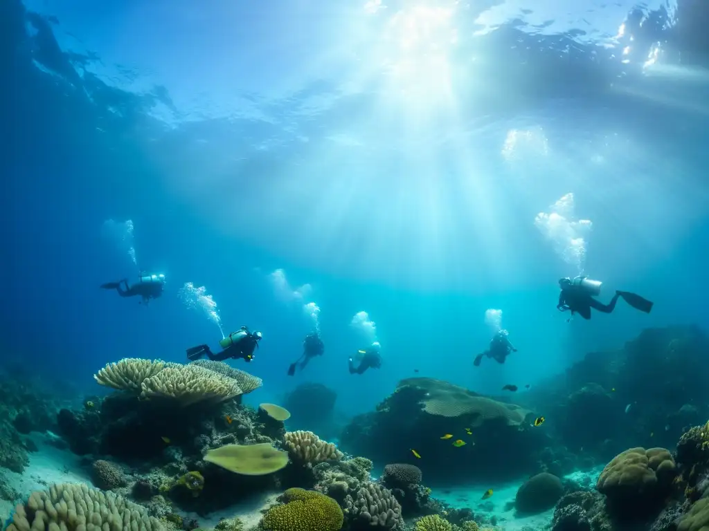 Grupo de biólogos marinos realizando investigación submarina en aguas cristalinas de los Azores, destacando la conservación marina en la región