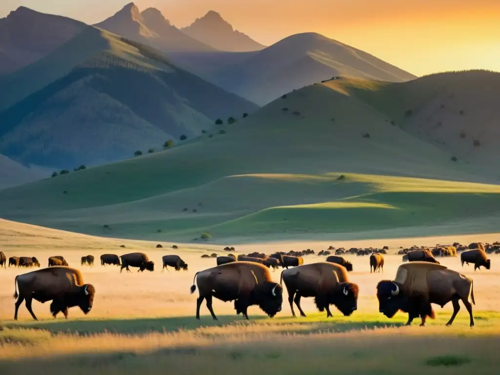 Un grupo de bisontes pasta apaciblemente en la extensa pradera al atardecer, mostrando la estructura social de los animales en su hábitat natural