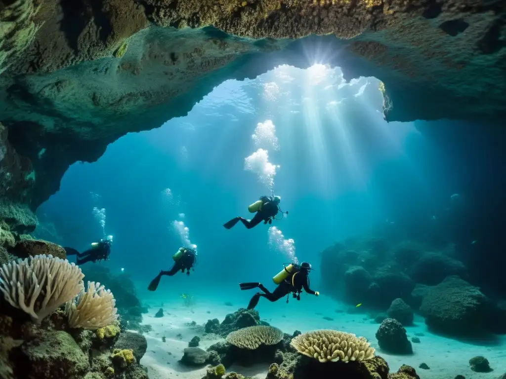 Un grupo de buceadores explora cuevas submarinas, iluminando con linternas las formaciones rocosas y la vida marina