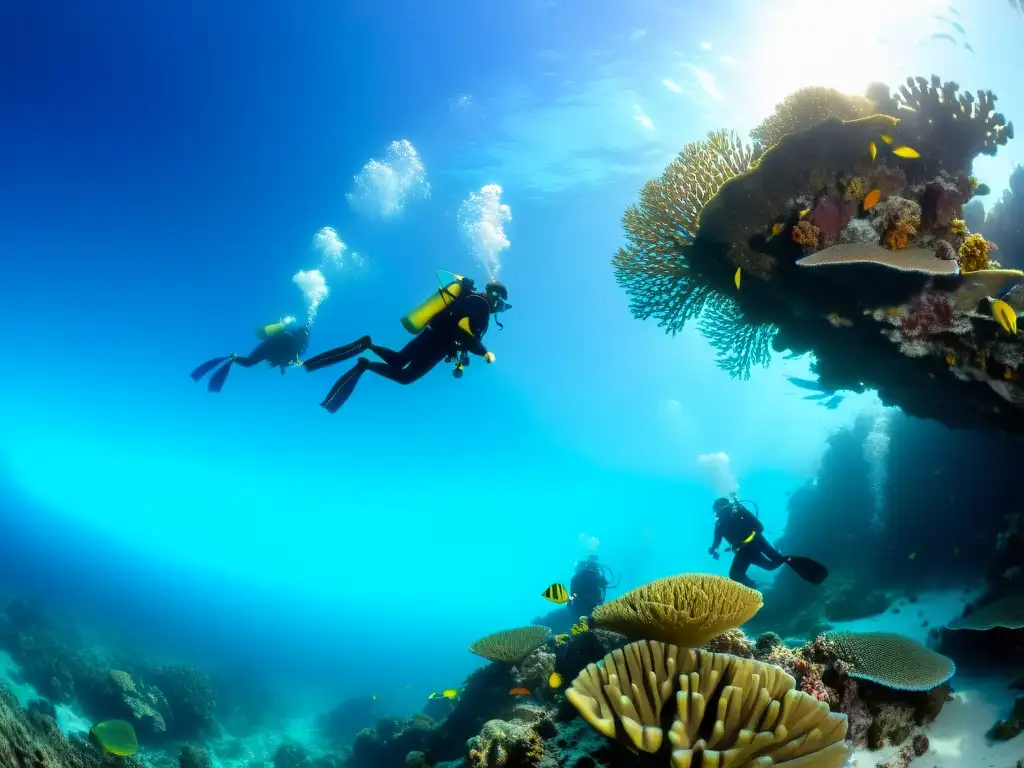 Un grupo de buceadores disfrutando de un vibrante arrecife de coral, rodeados de peces coloridos