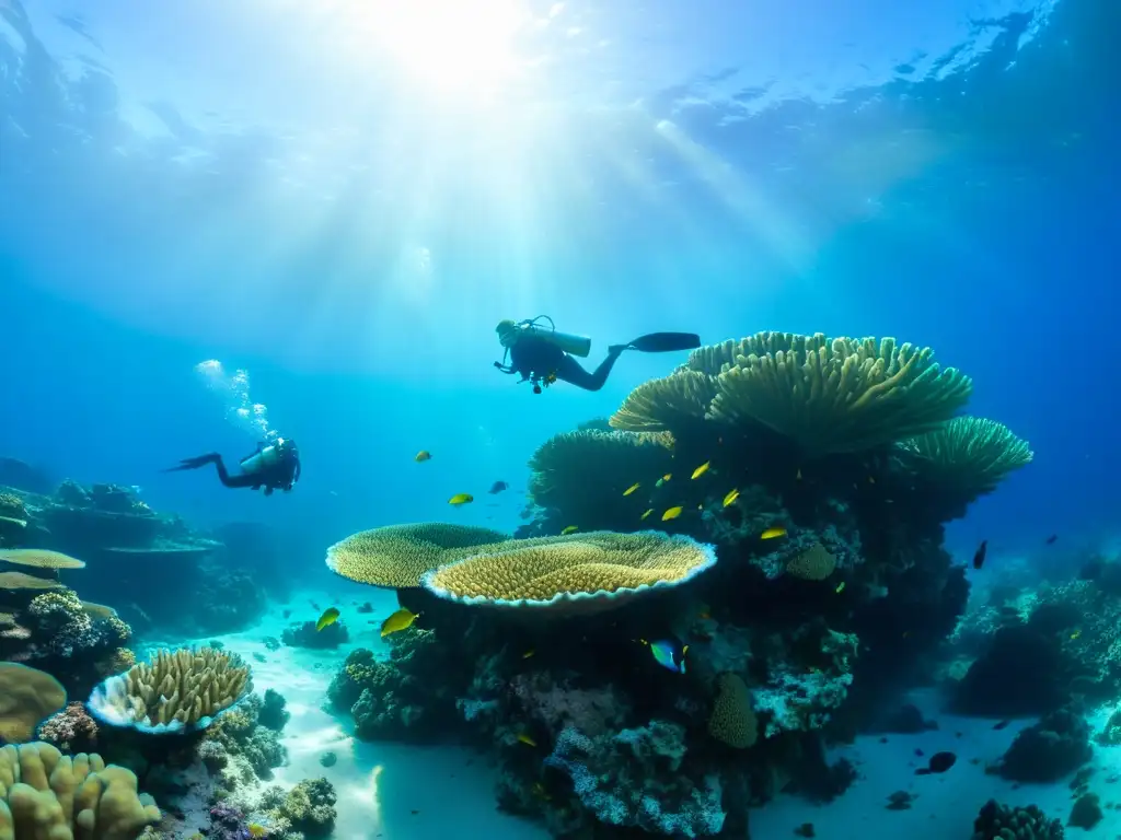 Un grupo de buzos disfruta del buceo sostenible en la vibrante Gran Barrera de Coral, rodeados de vida marina colorida