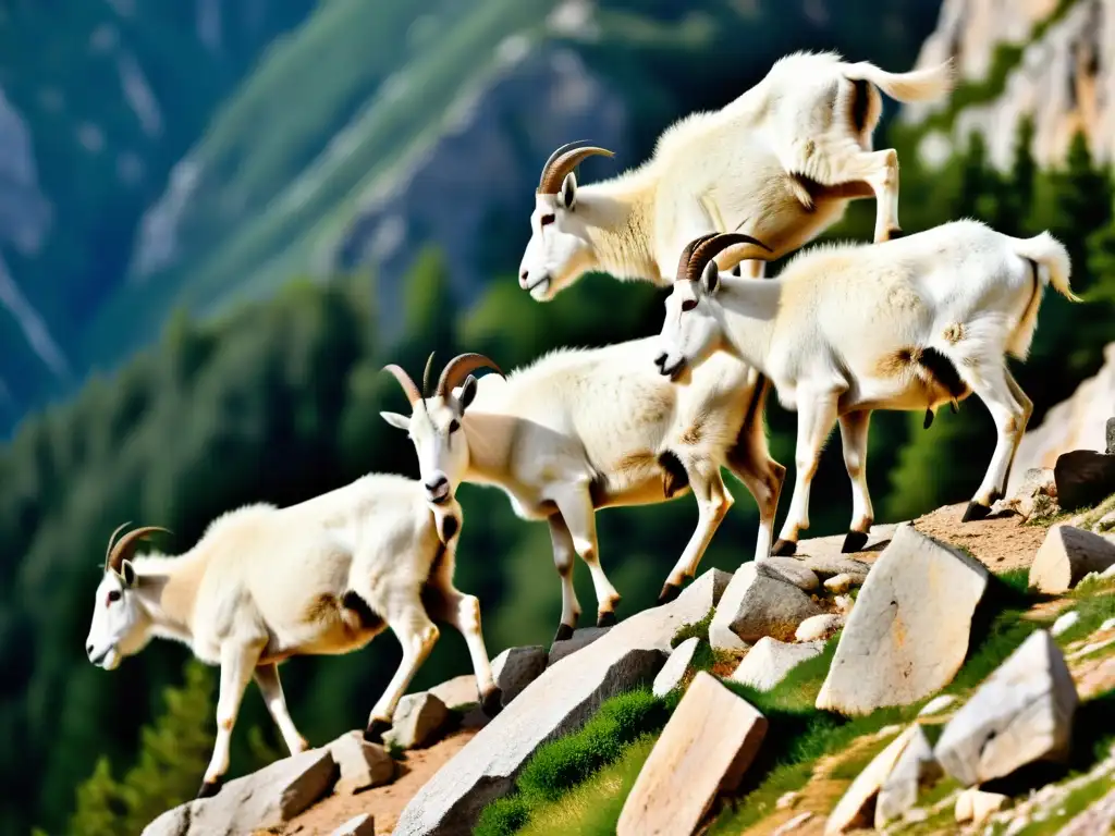 Grupo de cabras de montaña mostrando adaptaciones animales a baja presión en un escarpado acantilado rocoso de gran altitud, saltando con agilidad