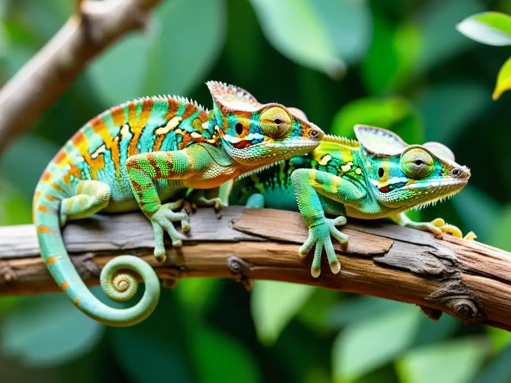 Camaleones camuflados en árbol: adaptación al cambio climático Un grupo de camaleones en una rama, cada uno con colores y patrones únicos para integrarse a su entorno
