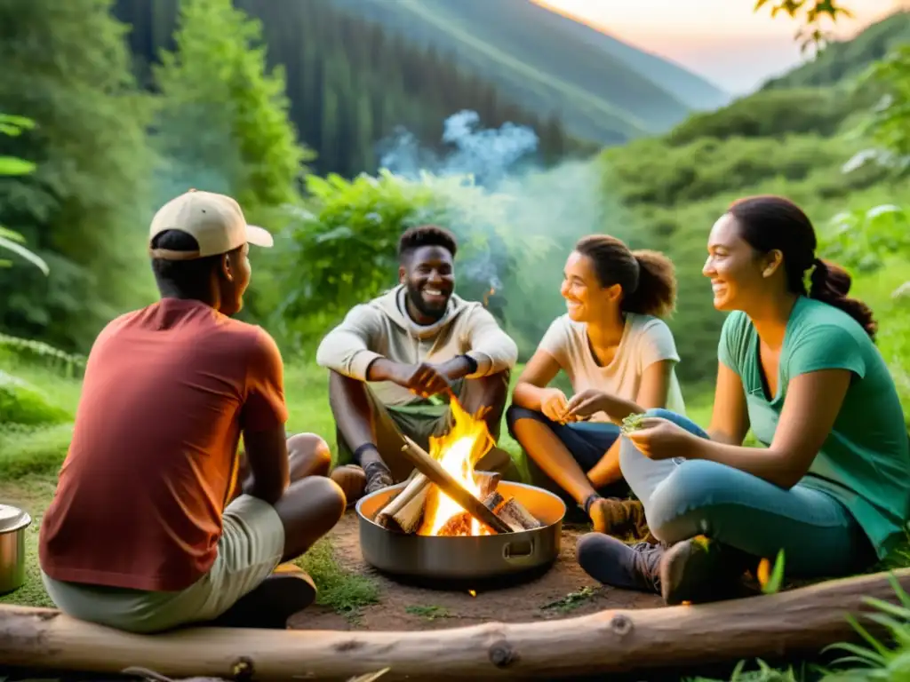 Un grupo de campistas disfruta de una comida alrededor de una fogata en el bosque con vajilla compostable para campamentos ecológicos