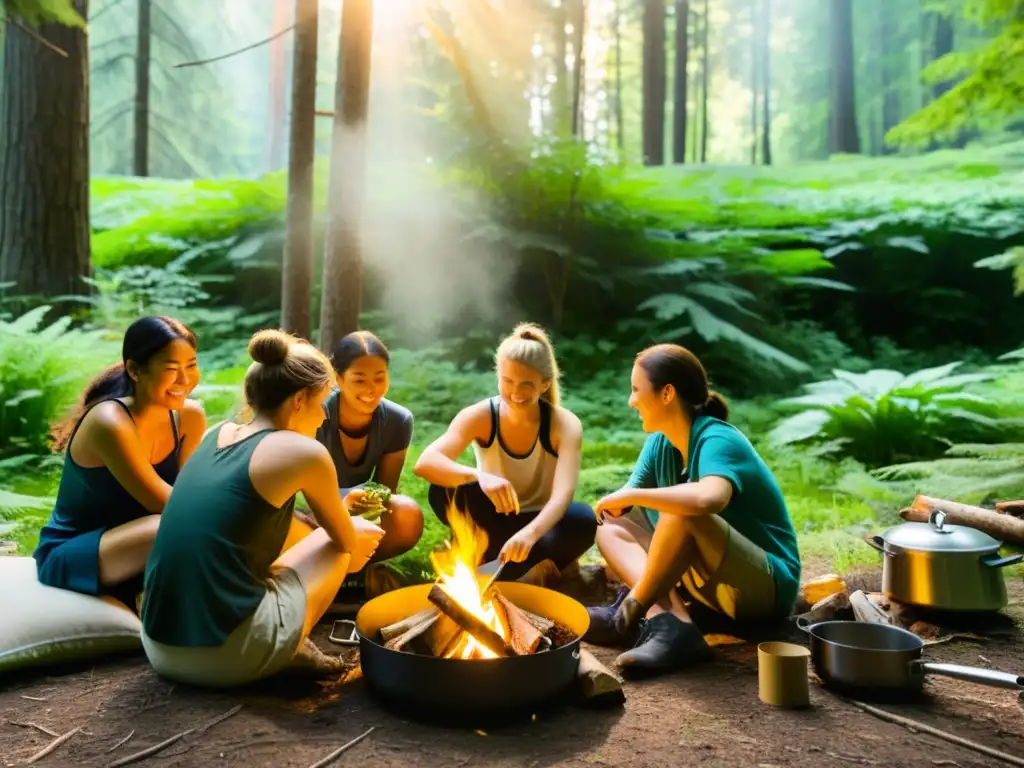 Un grupo de campistas preparando comida con utensilios de cocina portátiles ecológicos alrededor de una fogata en un bosque sereno y exuberante