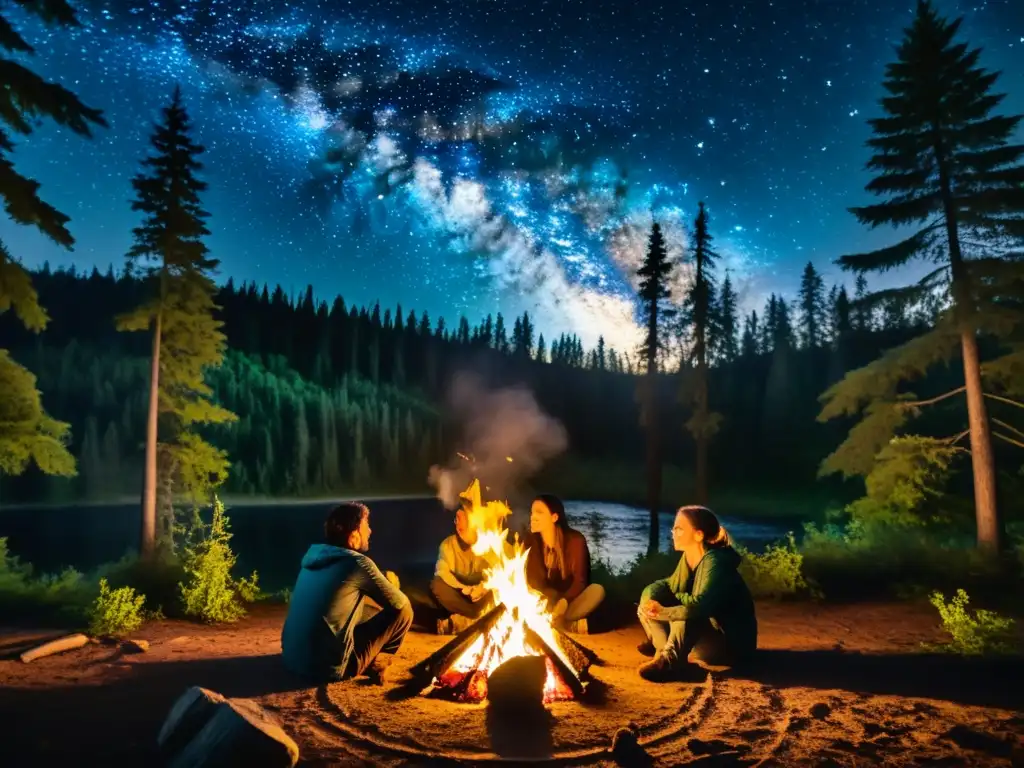 Un grupo de campistas disfruta de una fogata en un oscuro bosque, creando una iluminación sostenible en un ecosistema nocturno