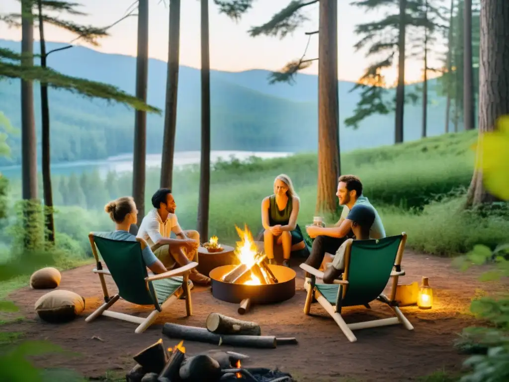 Un grupo de campistas disfruta de la naturaleza alrededor de una fogata, utilizando sillas de campamento ecológicas duraderas