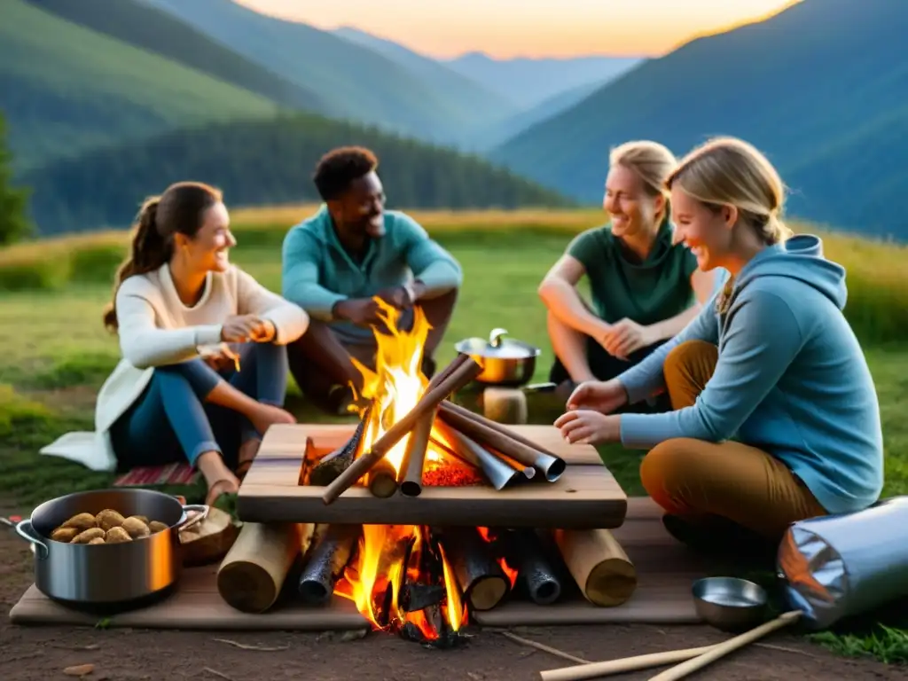 Un grupo de campistas sonrientes cocina alrededor de un fuego al atardecer con utensilios de cocina portátiles ecológicos