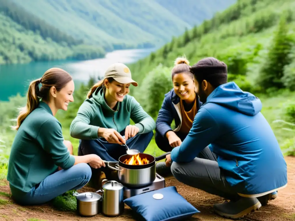 Un grupo de campistas cocinando con utensilios de cocina portátiles ecológicos en medio de la naturaleza