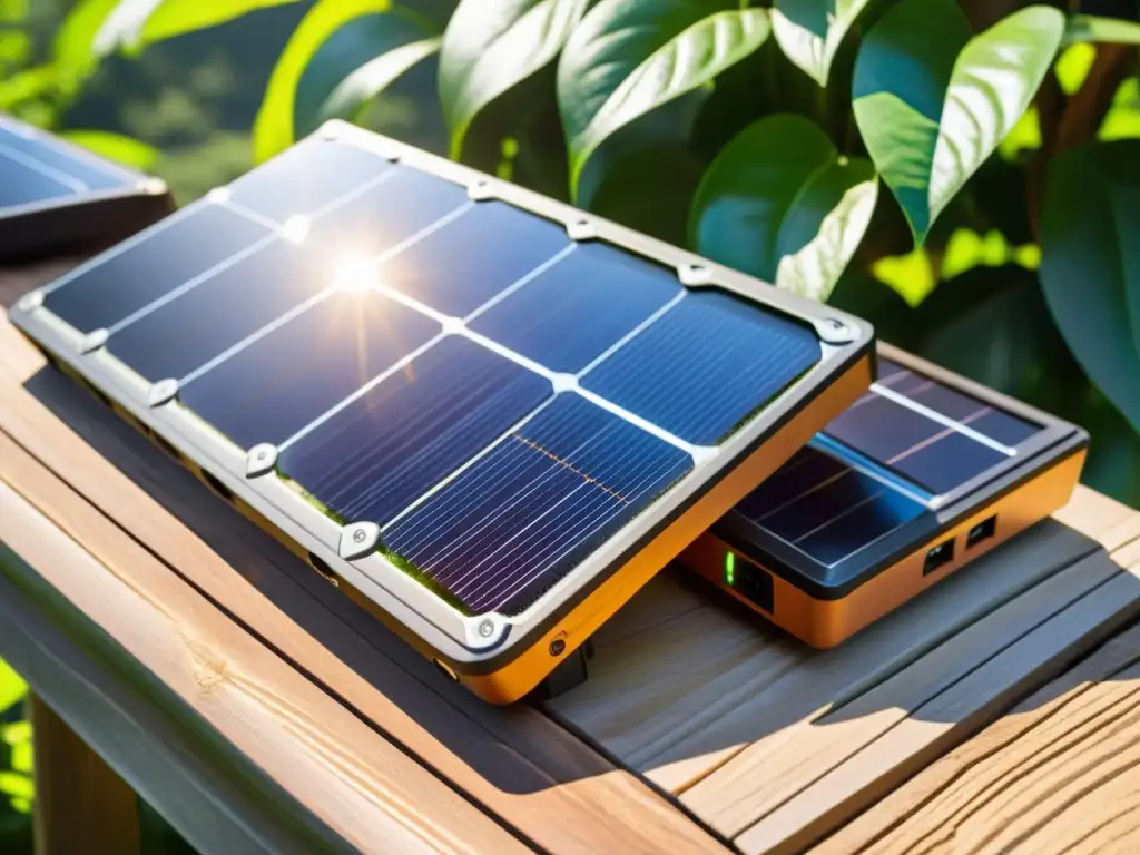 Un grupo de cargadores solares en una mesa de madera, rodeados de vegetación exuberante