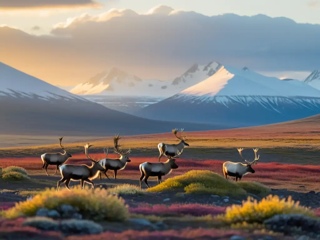 Grupo de caribúes forrajeando entre plantas en ecosistema tundra, destacando adaptaciones evolutivas