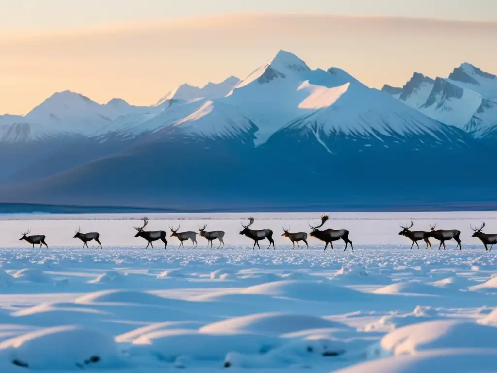 Grupo de caribúes en la tundra nevada durante cambios estacionales