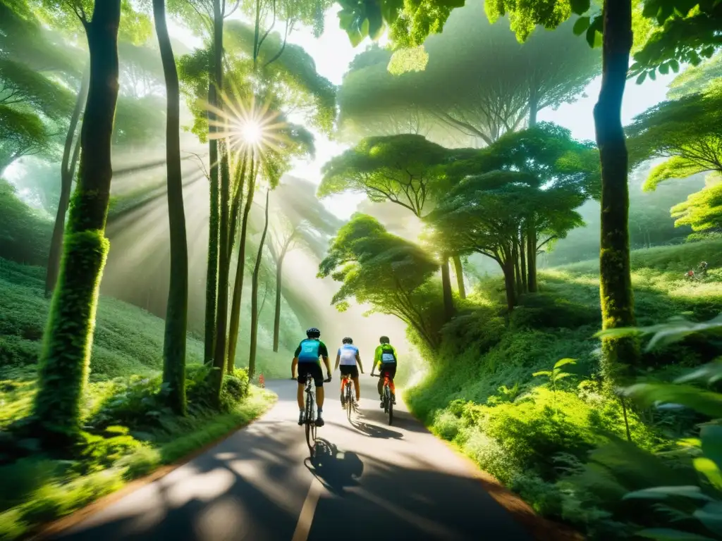 Un grupo de ciclistas recorre un exuberante bosque, con la luz del sol filtrándose entre la frondosa vegetación