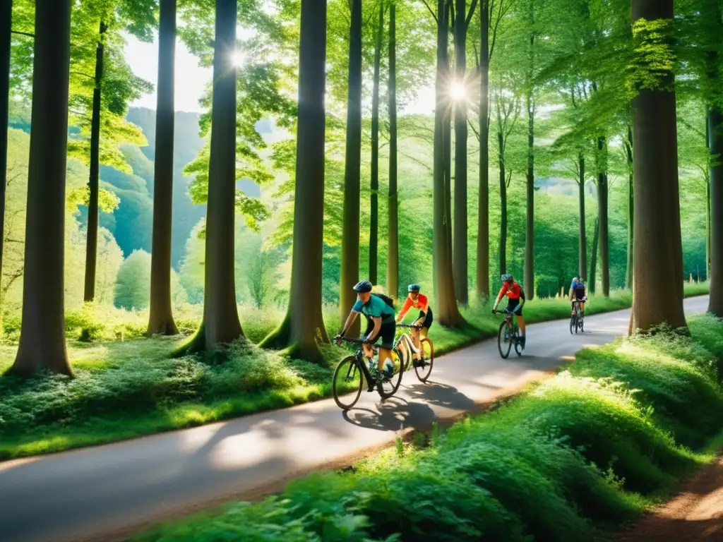 Grupo de ciclistas recorriendo un exuberante bosque europeo en rutas de cicloturismo ecológico