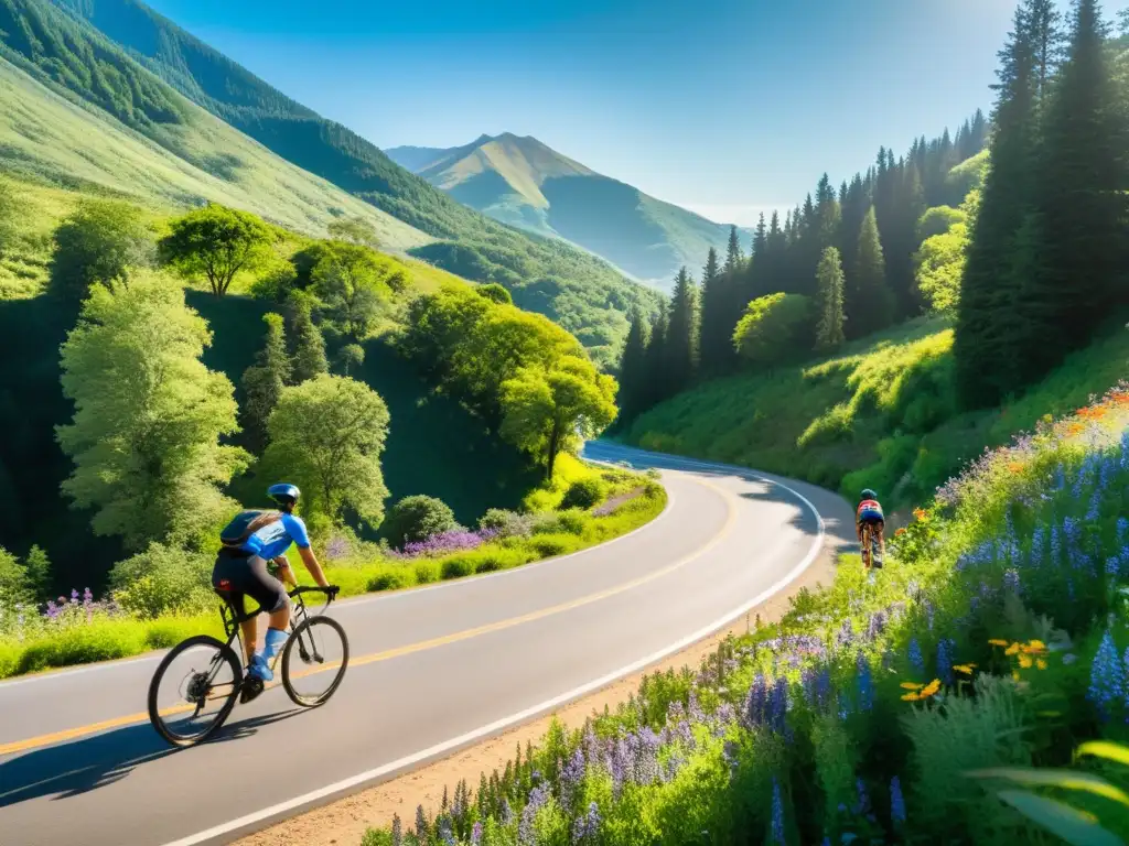 Un grupo de ciclistas recorre una pintoresca carretera de montaña, rodeados de exuberante naturaleza