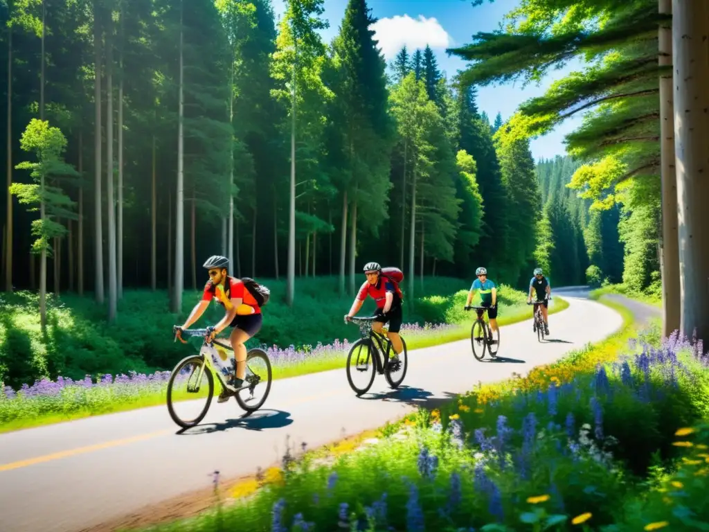 Grupo de ciclistas pedaleando por sendero forestal, rodeados de naturaleza exuberante y colorida