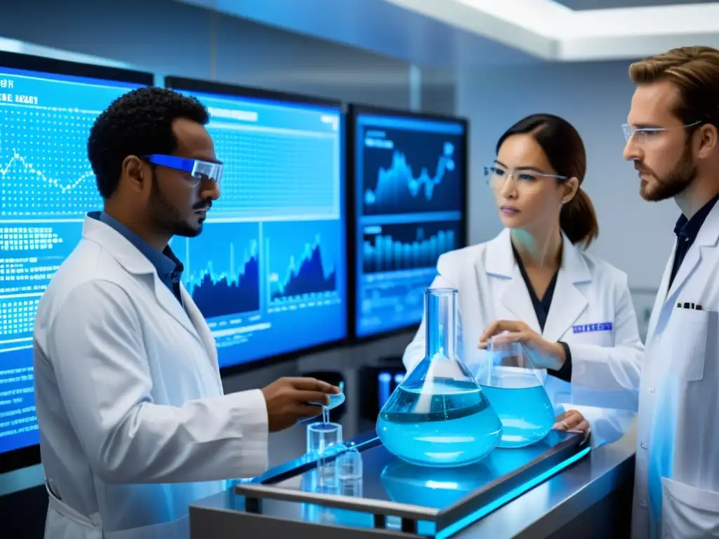 Un grupo de científicos en batas de laboratorio y gafas de seguridad examinando cuidadosamente una probeta de vidrio llena de un líquido azul burbujeante, rodeados de equipo de alta tecnología y pantallas de ordenador que muestran complejos gráficos de datos