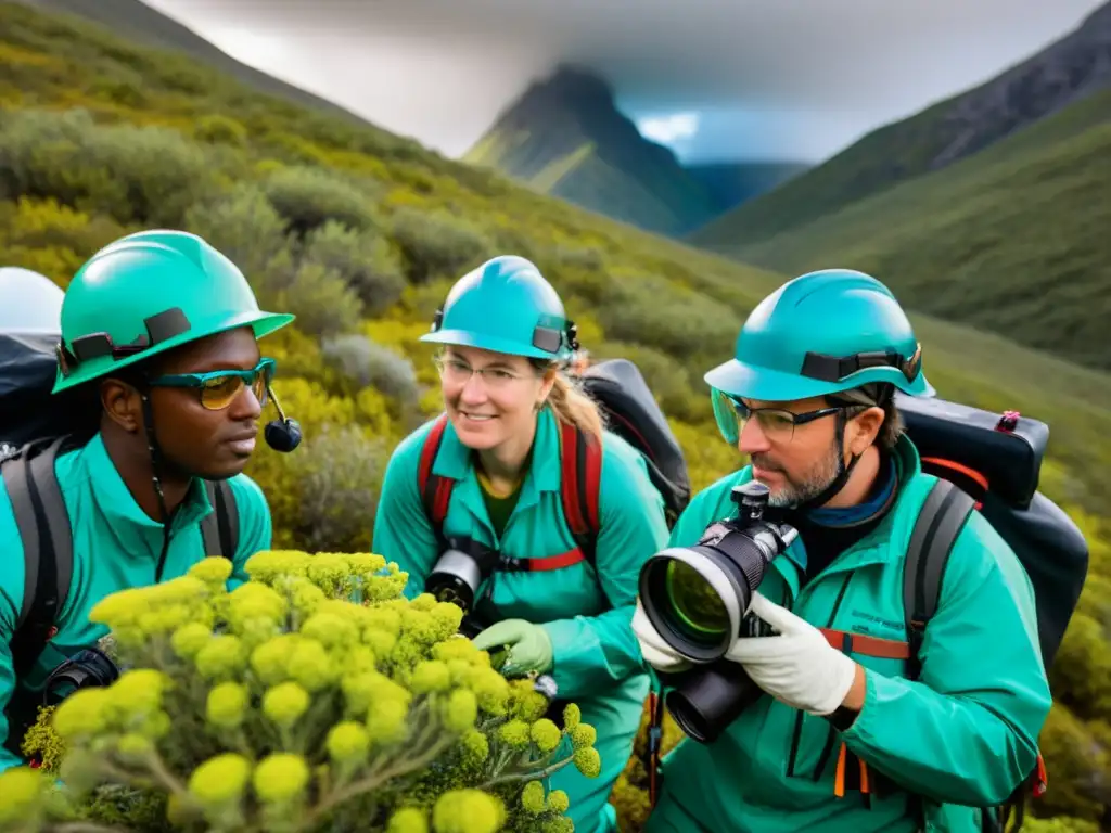 Un grupo de científicos en el campo, realizando investigaciones sobre el impacto del cambio climático en un ecosistema diverso