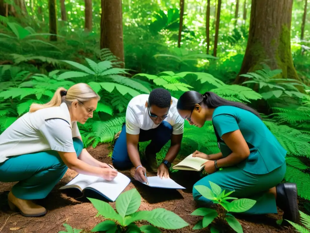 Grupo de científicos ciudadanos en bosque, documentando biodiversidad