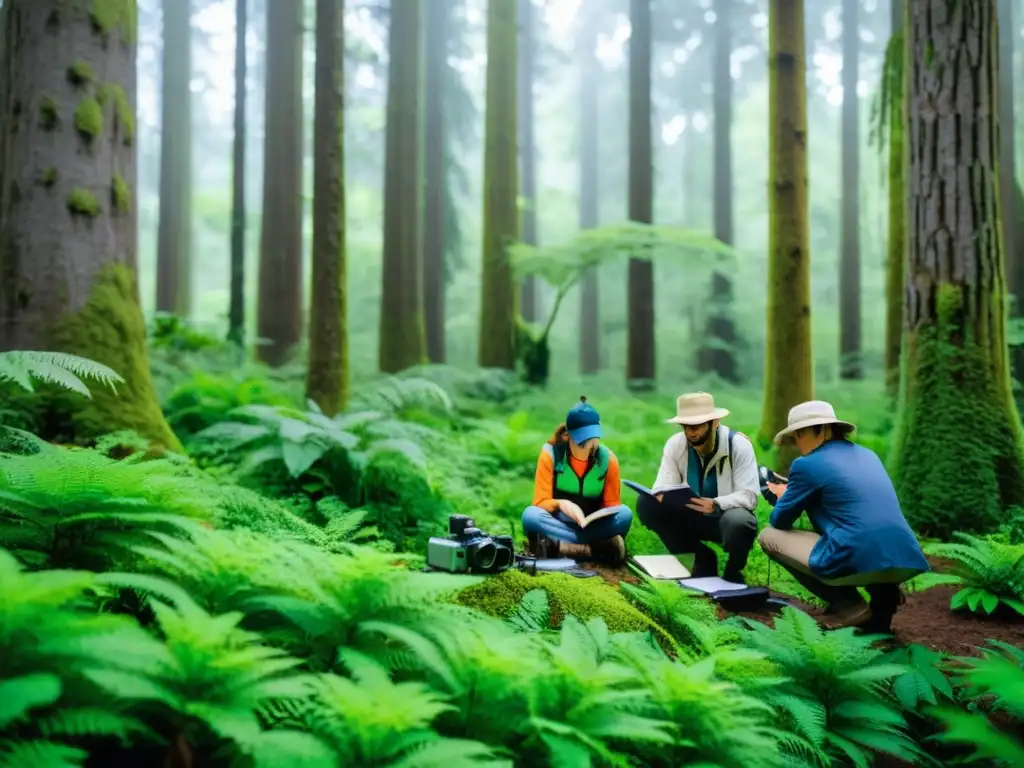 Grupo de científicos ciudadanos recolectando datos en un exuberante bosque, rodeados de árboles altos y vegetación vibrante