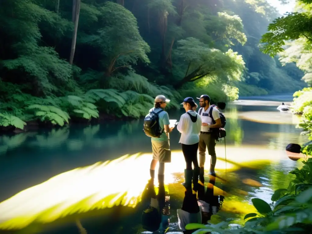 Un grupo de científicos ciudadanos recogiendo muestras de agua en un río, rodeados de naturaleza