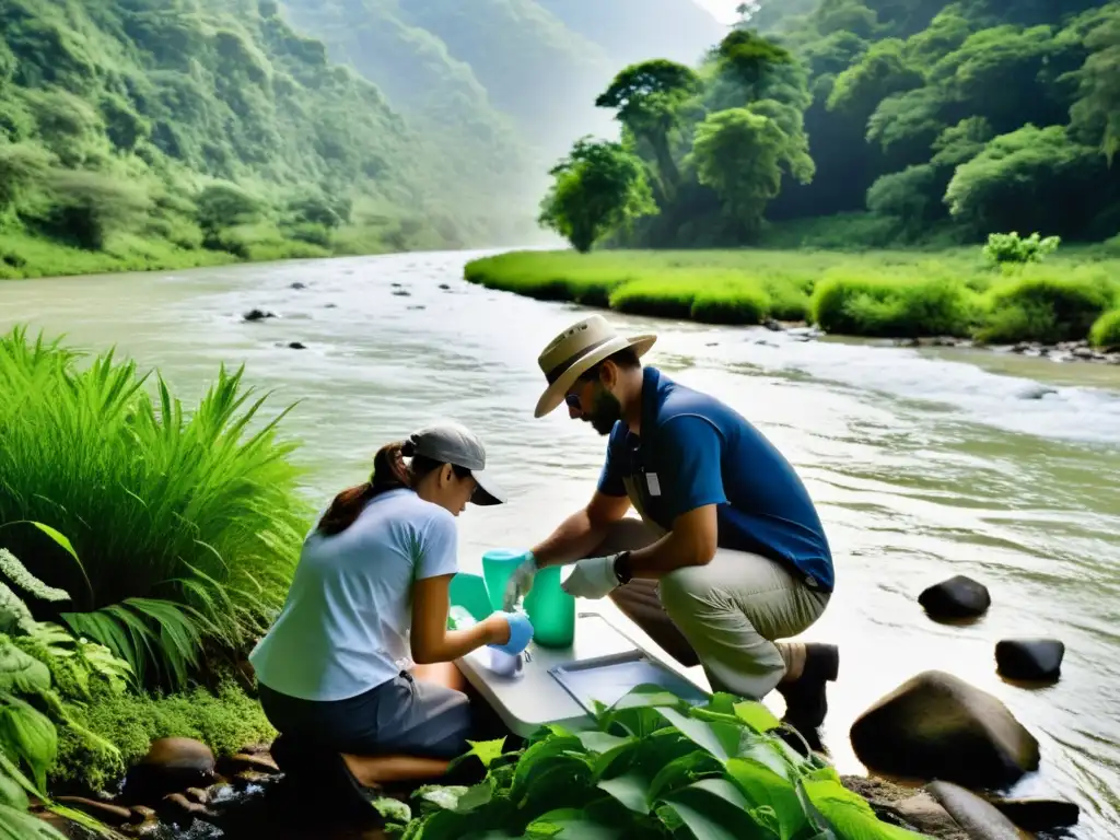 Un grupo de científicos ciudadanos recopila muestras de agua en un río prístino, rodeado de exuberante vegetación y vida silvestre diversa