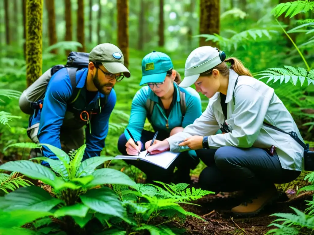 Un grupo de científicos y conservacionistas realizando una encuesta de campo en un exuberante bosque, dedicados a la prevención de especies invasoras