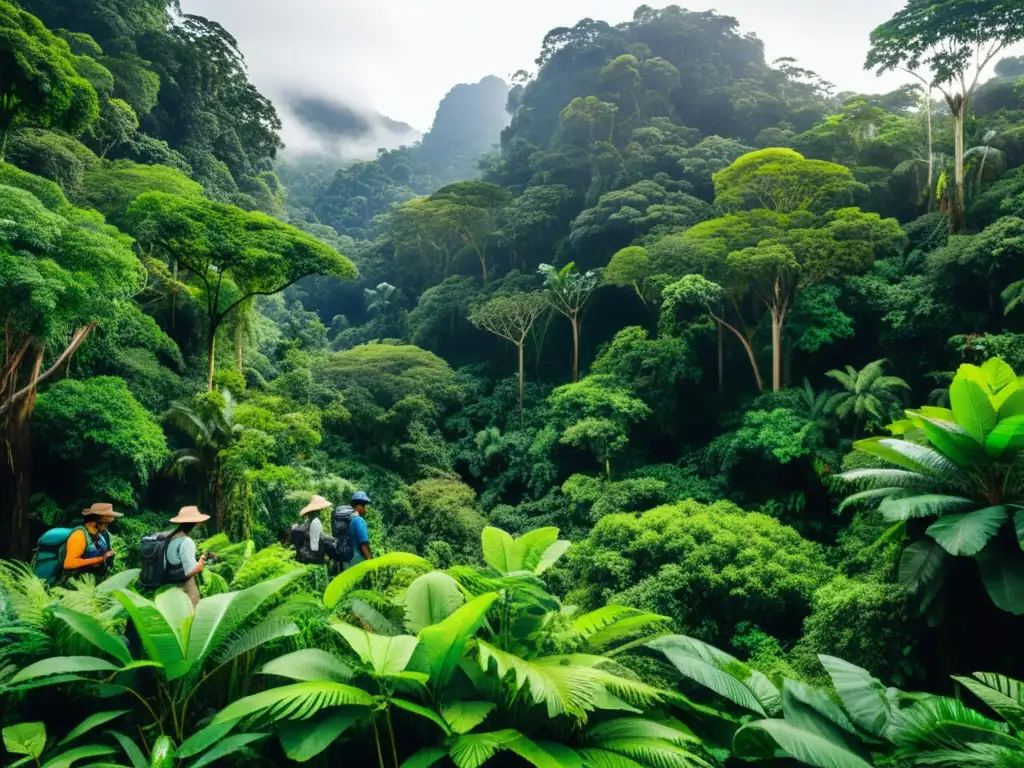 Grupo de científicos y conservacionistas en una exuberante selva, investigando para el manejo sostenible de recursos naturales