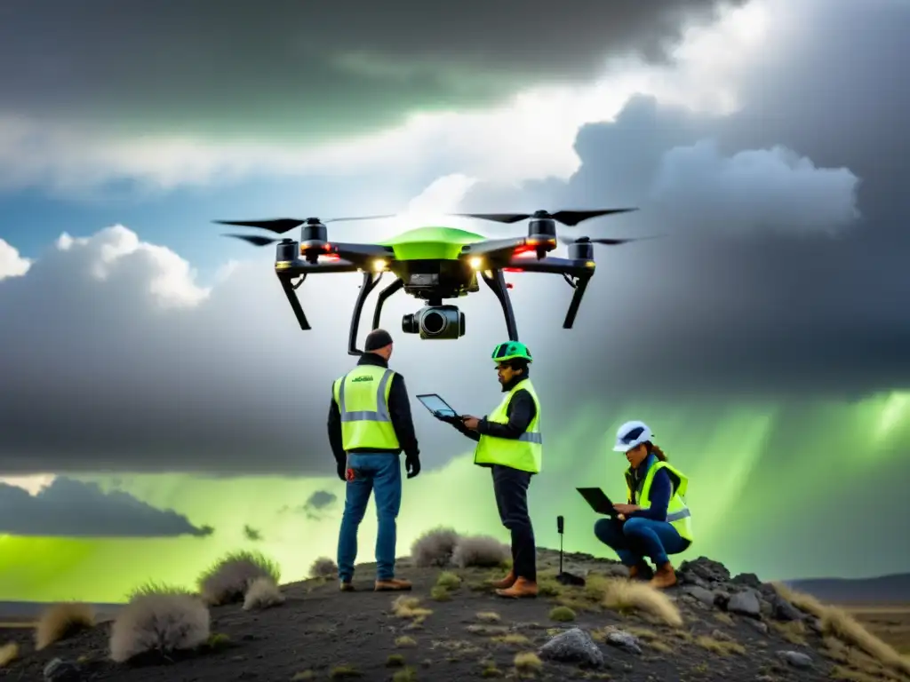 Grupo de científicos lanzando un dron meteorológico en paisaje extremo