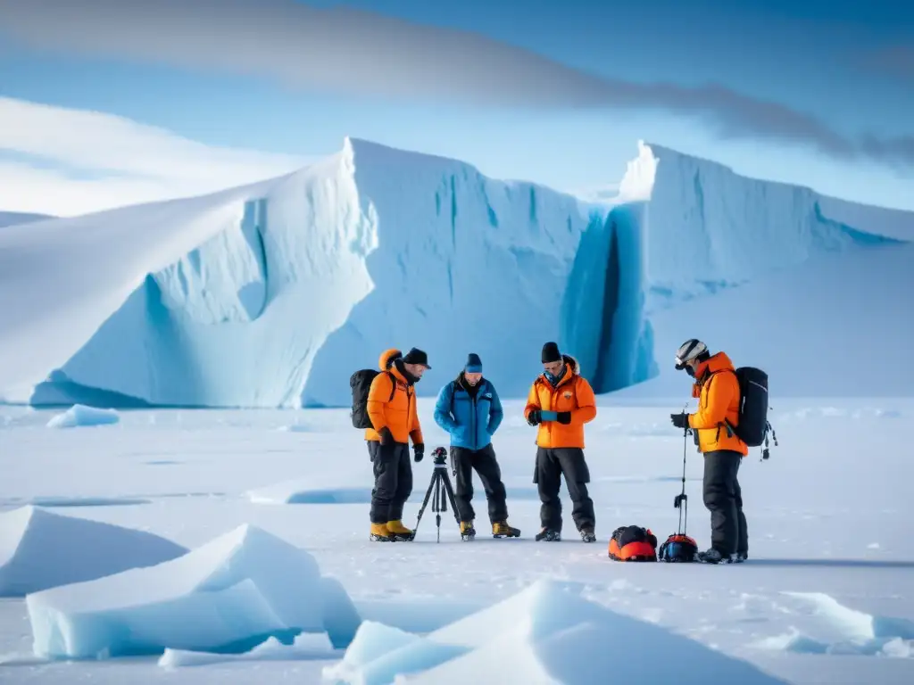 Grupo de científicos realizando investigación en ecosistemas extremos en la Antártida, demostrando su dedicación y expertise