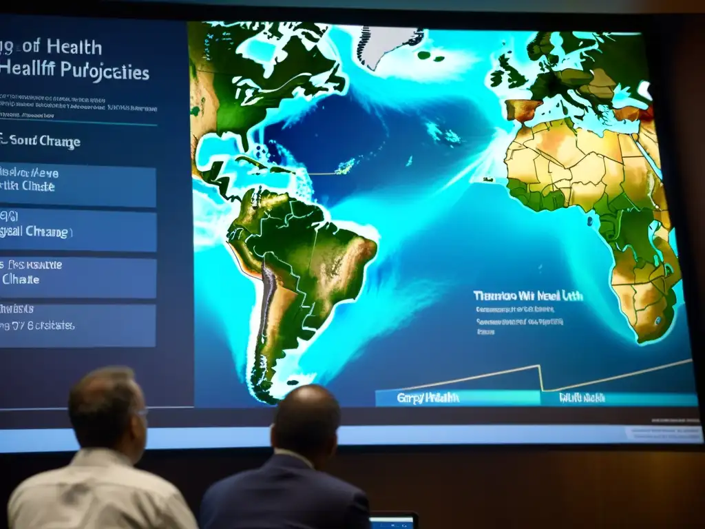 Un grupo de científicos y funcionarios de salud pública analizan un detallado modelo climático en una pantalla digital, resaltando la urgencia de entender los efectos del cambio climático en la salud