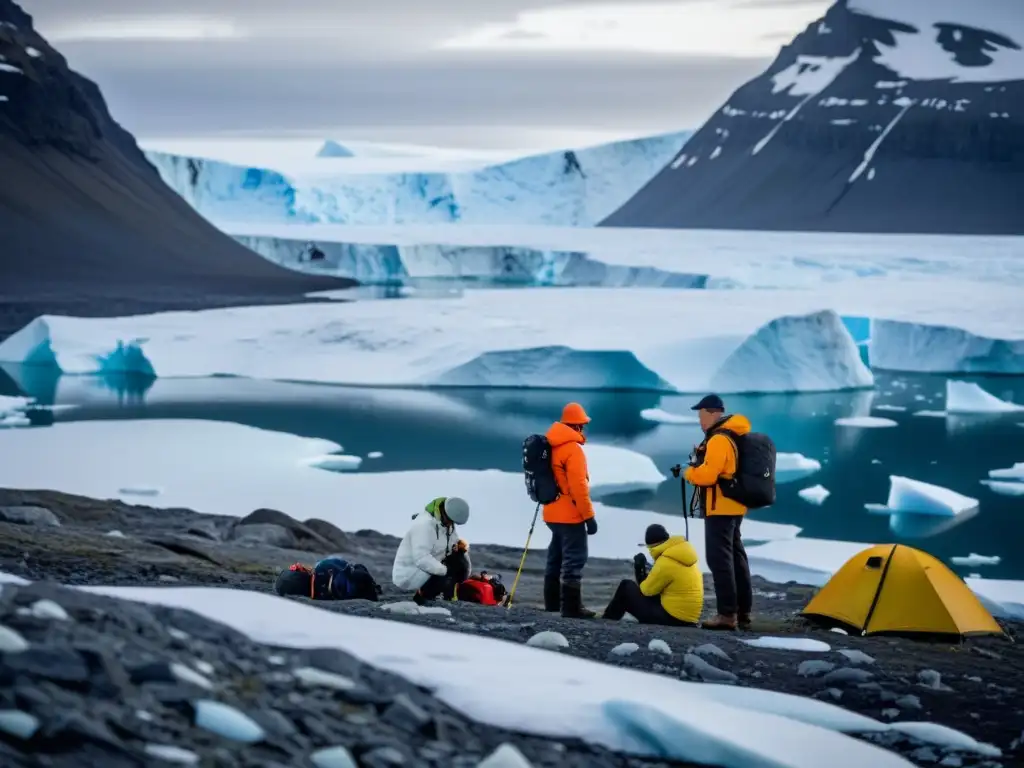 Grupo de científicos investigando el impacto del cambio climático en el Ártico, tomando medidas urgentes para reducir nuestra huella en el planeta