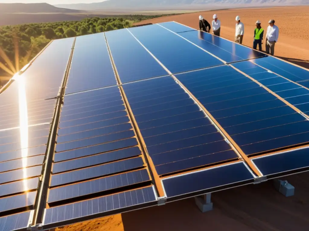 Un grupo de científicos y ingenieros examina detenidamente una gran instalación de paneles solares, bajo una cálida luz solar